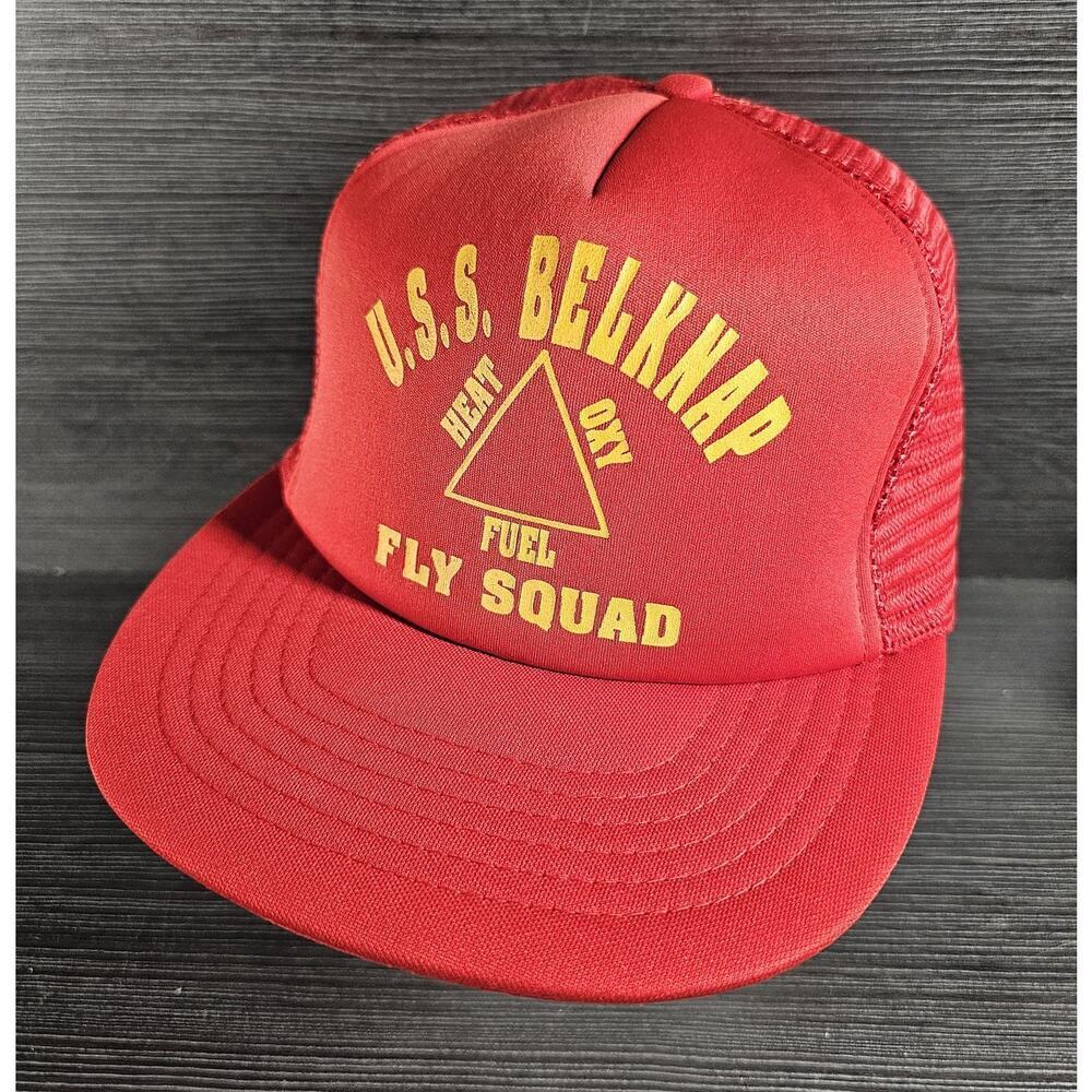 Vintage USS BELKNAP Fly Squad Navy Naval Hat Mens M/L Red Mesh Trucker